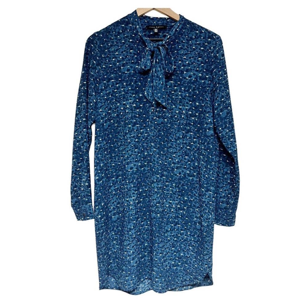 Jasmine and Juliana Womens Long Sleeve Shift Dress Size 8 Blue Pattern Tie Neck